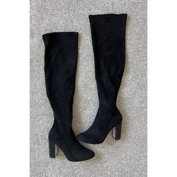Jewel Badgley Mischka Black Stretch Over-the-Knee Block Heel Boots 8 Holiday - Picture 1 of 7